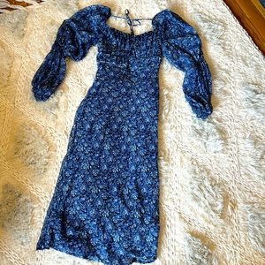 Free People Blue Floral Midi Dress with Puff Sleeves